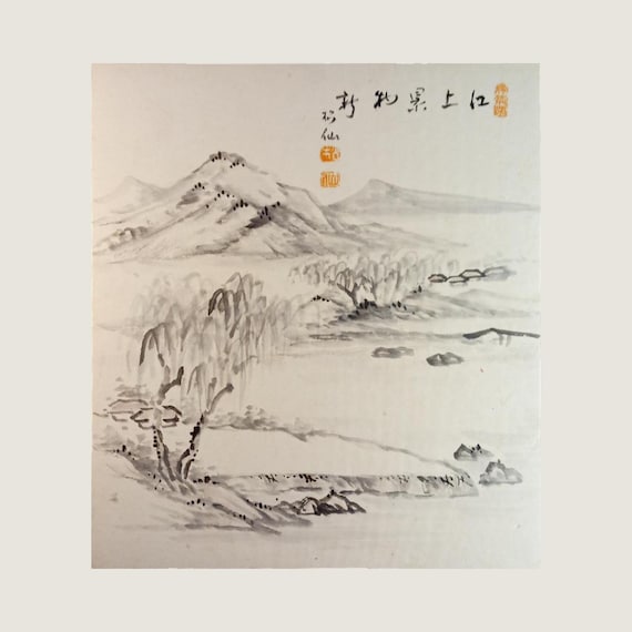 Vintage Shōwa Japanese ink shikishi – Autumn river landscape