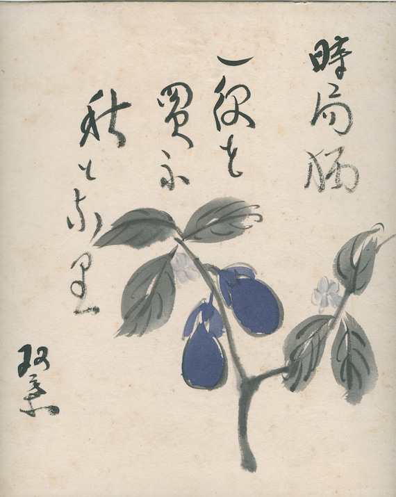 Vintage Japanese Shikishi Art • Signed Ink and Watercolor Fruit Branch, Haiku & Signature