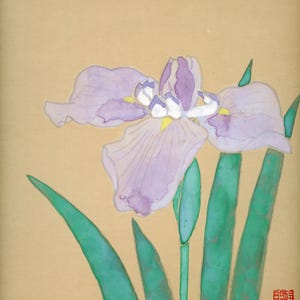 Vintage Japanese Shikishi – Iris Flower Painting by Shōwa‑sai (昭和斎), Nihonga Kachō‑ga, ca. 1970s
