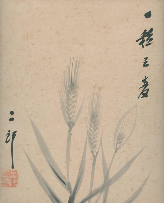 Japanese Shikishi Ink Painting – “Sugi Sanki” Calligraphy with Barley – Taisho–Early Showa Era – Kachō-ga