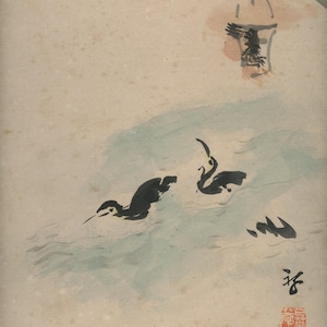 Pintura vintage con tinta Shikishi, Sumi-e japonesa original, mediados del siglo XX (Showa), papel washi, cartón, para colgar en la pared.