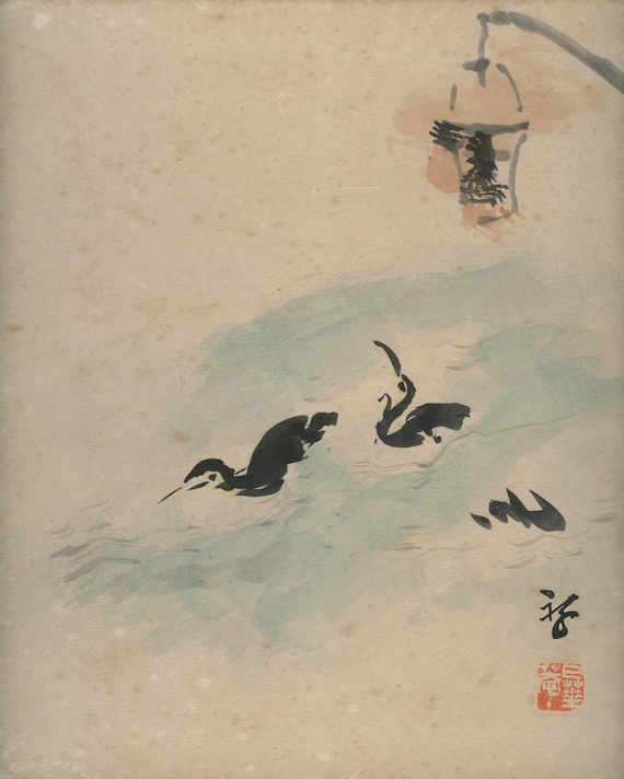 Vintage Shikishi Ink Painting, Original Japanese Sumi-e, Mid 20th Century (Showa), Washi paper, cardboard, Wall Hanging