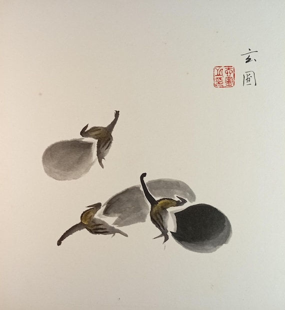 Akiyoshi Genpo – Three Eggplants – vintage Japanese painting on shikishi