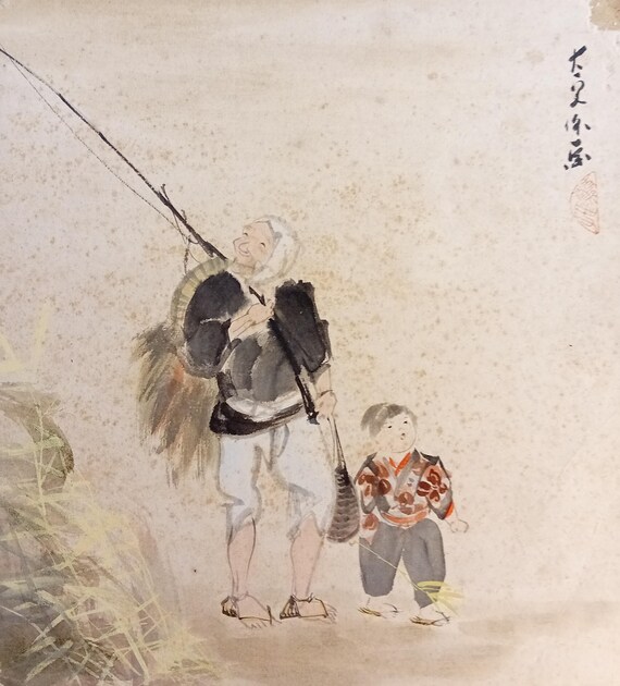 Vintage Taishō–Shōwa Japanese ink and color shikishi – fisherman and child
