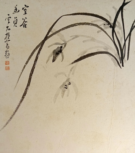 Vintage Shōwa Japanese ink shikishi – Orchid