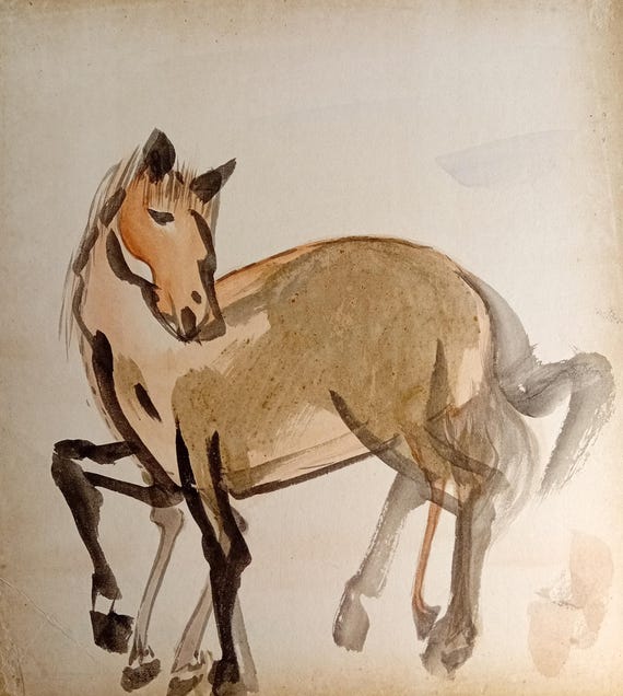 Vintage Japanese double-sided shikishi with two horse studies, early–mid Shōwa