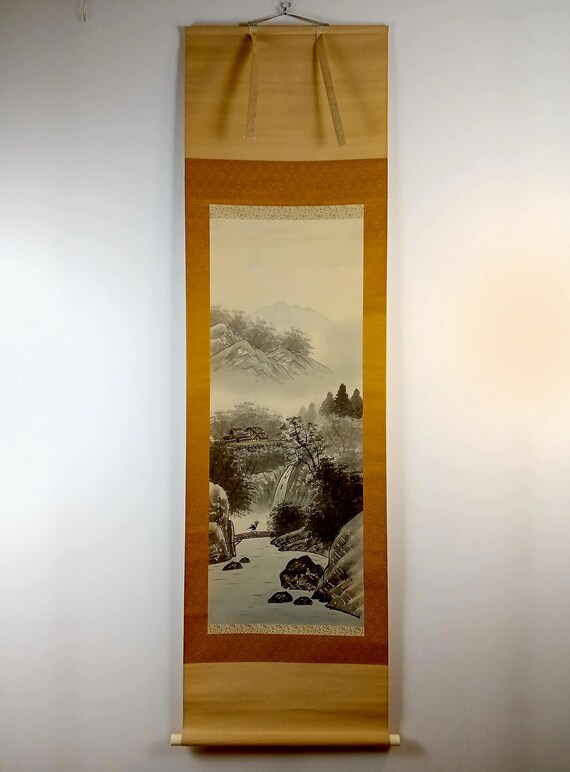 Vintage Japanese Scroll, Sumi-e, Ink Painting on silk, Kakejiku, Kakemono, Wall Hanging Art, long 186 cm #936