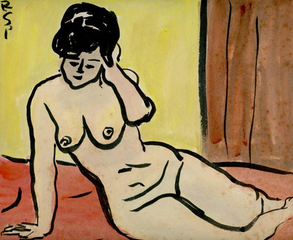 1955 Japanese Shikishi Nude by R. Sakai – Modernist Ink Figure, Possibly by Sakai Ryohei