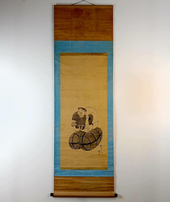 Antique Japanese Scroll, Sumi-e, Ink Painting on silk, Kakejiku, Kakemono, Wall Hanging Art, c. 1900, #956