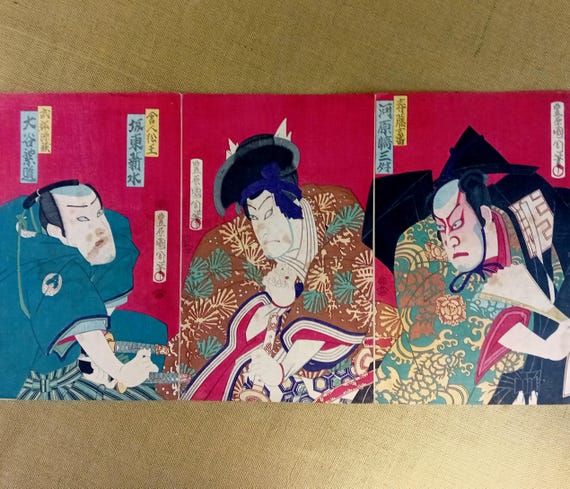 Toyohara Kunichika antique Meiji Japanese woodblock print double-sided triptych – kabuki actors, 6 sheets