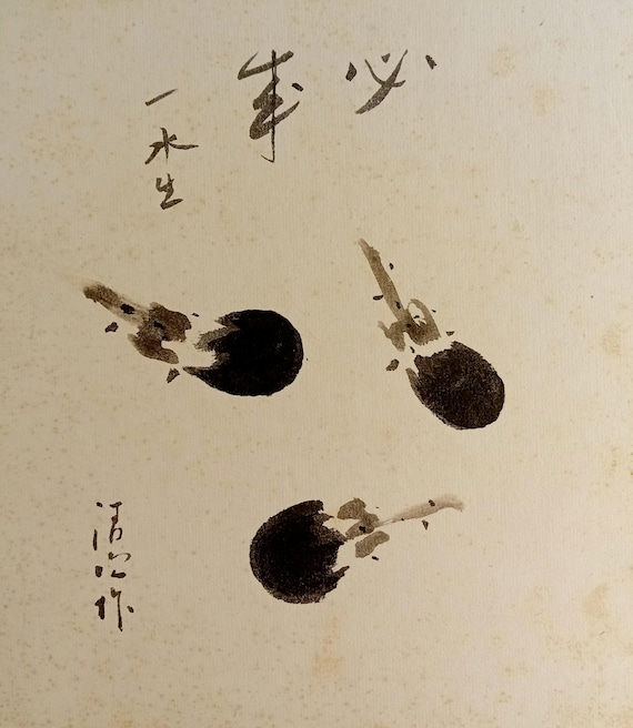 Vintage Shōwa Japanese ink shikishi – small octopuses