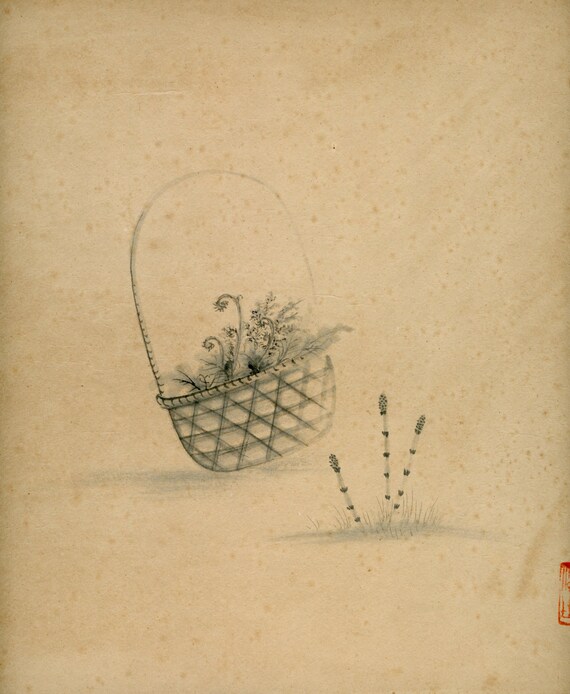 Antique (Vintage) Japanese Sumi-e, Original Painting 1920s-1950s Shōwa period, Ink Drawing on Shikishi,  Minimalism #832 Wall Hanging