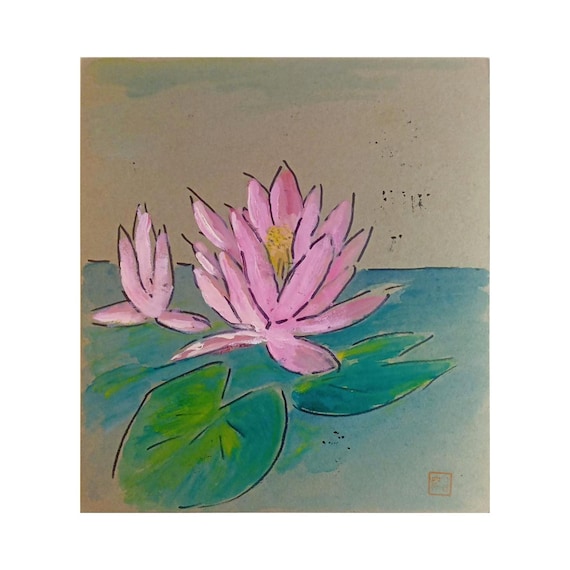 Ikkū - “One Emptiness” - Water Lilies and Verse - double sided vintage Japanese painting on shikishi