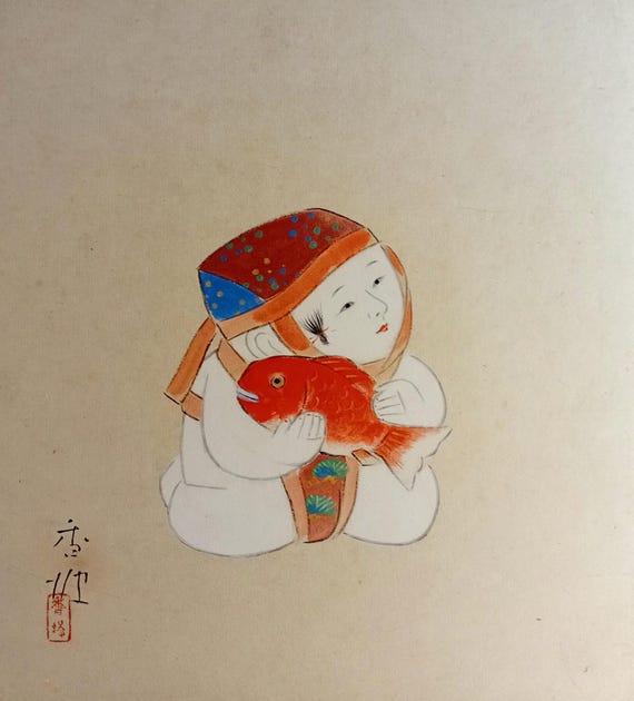 Vintage early–mid Shōwa Japanese painting shikishi – warabe child with tai fish
