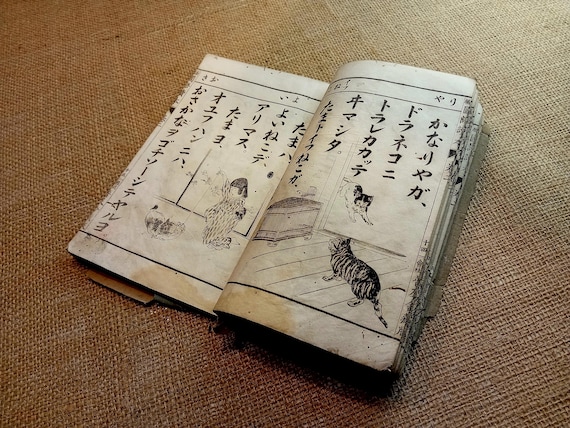 Antique Japanese book with illustrations, Ukiyo-e, Meiji period, 1902, original woodblock print, woodcut, rare edition