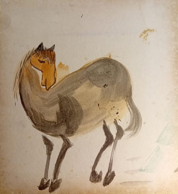 Vintage Japanese double-sided shikishi with horse studies, early–mid Shōwa