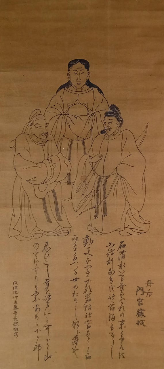 Antique Japanese Scroll, Amaterasu Omikami, Edo period, Ink Painting, Kakejiku, Kakemono, Japan Wall Hanging, #233, Shinto, very old