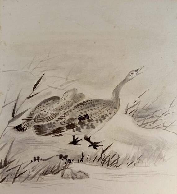 Vintage Shōwa Japanese ink shikishi – goose in landscape