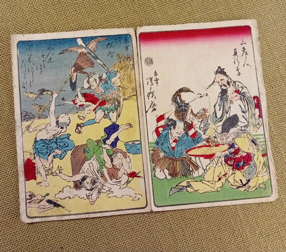 Kawanabe Kyosai Antique woodblock print Kyosai Hyakuzu – two-scene sheet