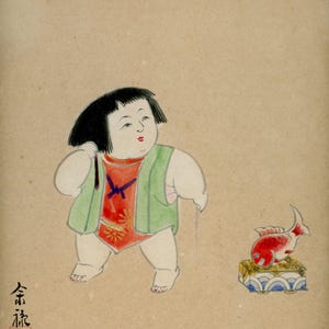 Vintage Japanese Shikishi Painting – Signed by Yosuke (余祐) – Playful Doll & Red Fish – Silver-Edged Board – Mid‑20th Century Folk Art
