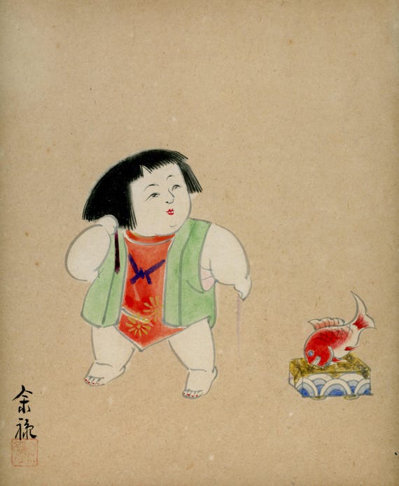 Antique (Vintage) Japanese Sumi-e, Original Painting 1920s-1950s Shōwa period, Ink Drawing on Shikishi,  Minimalism #832 Wall Hanging