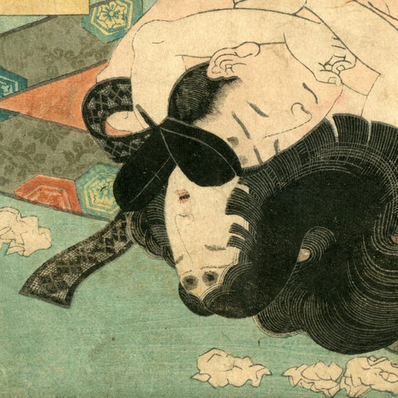 Antique Japanese woodblock print, Utagawa Kunisada, Genuine, Edo, Shunga, Woodcut, Full size
