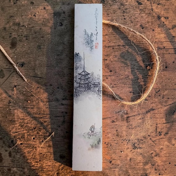 Vintage early Shōwa Japanese painting tanzaku – temple landscape