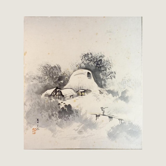 Fisherman by a Mountain Dwelling — Japanese Sumi-e Shikishi, Early–Mid Showa