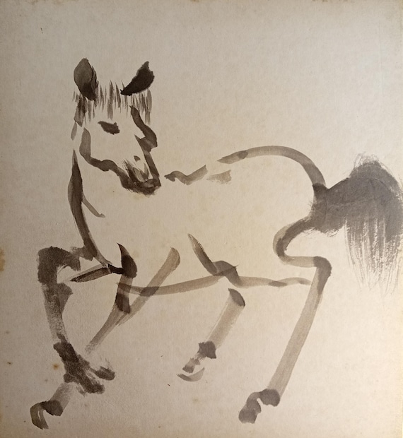 Vintage Japanese double-sided shikishi “Horse study”, mid-Shōwa period