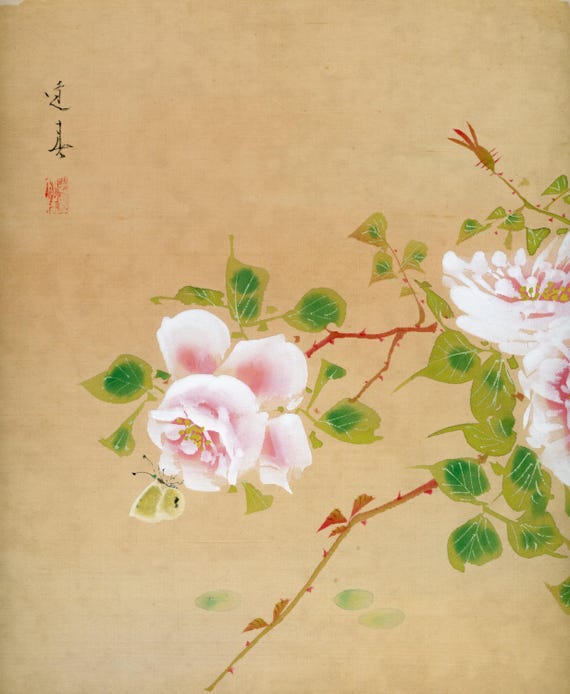 Antique (Vintage) Japanese Sumi-e, Ukiyo-e, Original Painting 1920s-1950s Shōwa per., Ink Drawing on Silk, Shikishi,  #832 Wall Hanging