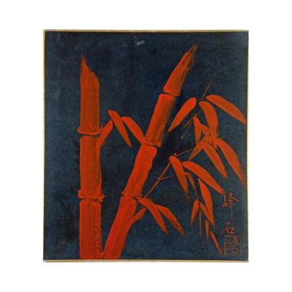 Shuchiku – Red Bamboo on Black Ground – Japanese Shikishi Painting, Late Showa