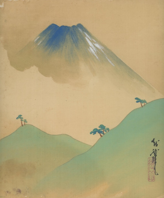 Antique Japanese Sumi-e, Ukiyo-e, Original Painting, Edo - Meiji, Ink Drawing on silk, shikishi, Asian Art, #833 Wall Hanging, Fuji