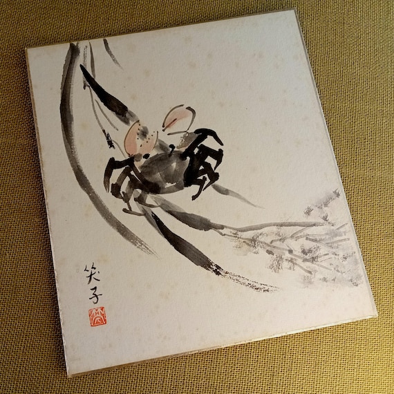 Vintage Shōwa Japanese ink painting shikishi – crab