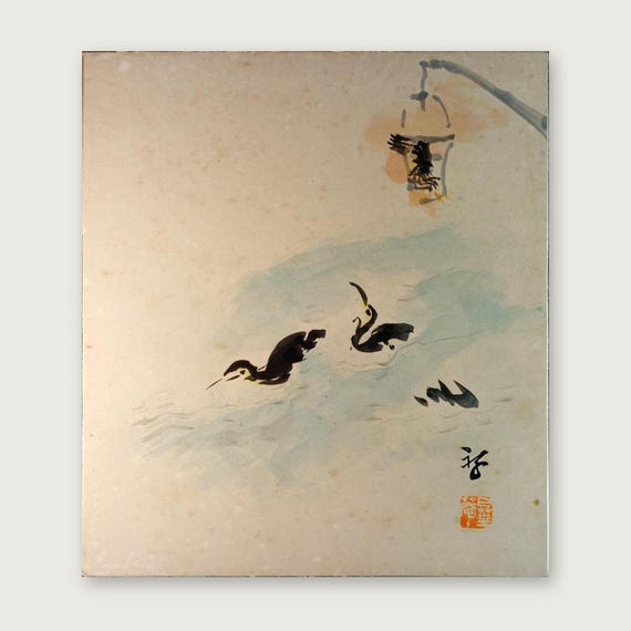 Cormorant Fishing at Night - Vintage Shōwa Japanese ink and color painting on shikishi