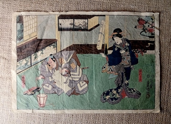 Antique Japanese woodblock print, Utagawa Kunisada, Genuine, Edo, Ukiyo-e, Woodcut, Full size