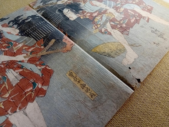 Antique Edo period 1851 Toyokuni III (Kunisada) Japanese woodblock diptych – samurai kabuki scene