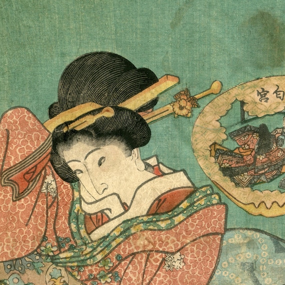 Antique Japanese woodblock print, Utagawa Kunisada, Genuine, Edo, Shunga, Woodcut, Full size