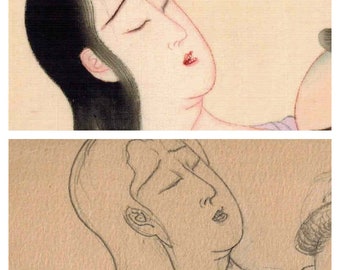 Unique Shunga, Vintage Japanese Erotic Painting, Ukiyo-e, Bijin-ga, Picture of spring, Lovers Art, Japanese Erotic Art, Sketch, Edo, #922