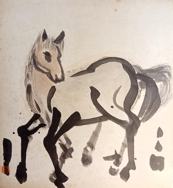 Vintage Japanese shikishi with an ink-and-wash horse study, early–mid Shōwa