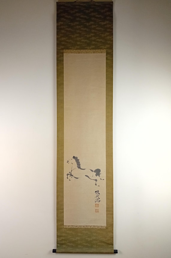 Antique Japanese ink kakemono (kakejiku) – running horse, Taishō–early Shōwa period