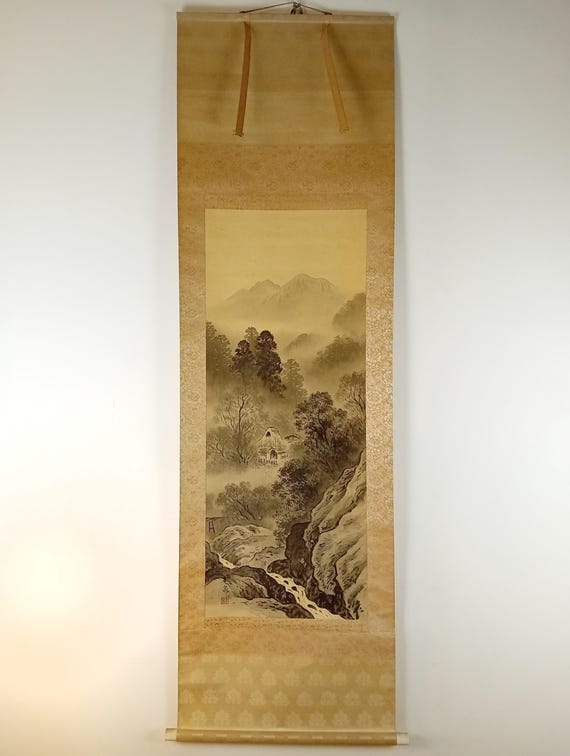 Vintage Japanese ink kakemono (kakejiku), mountain stream landscape on silk, Shōwa period #1805