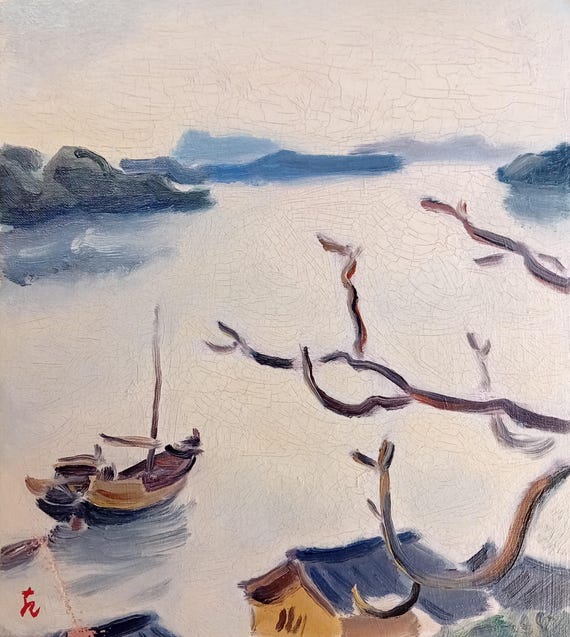 Vintage Shōwa Japanese oil painting on board – Spring at Seto
