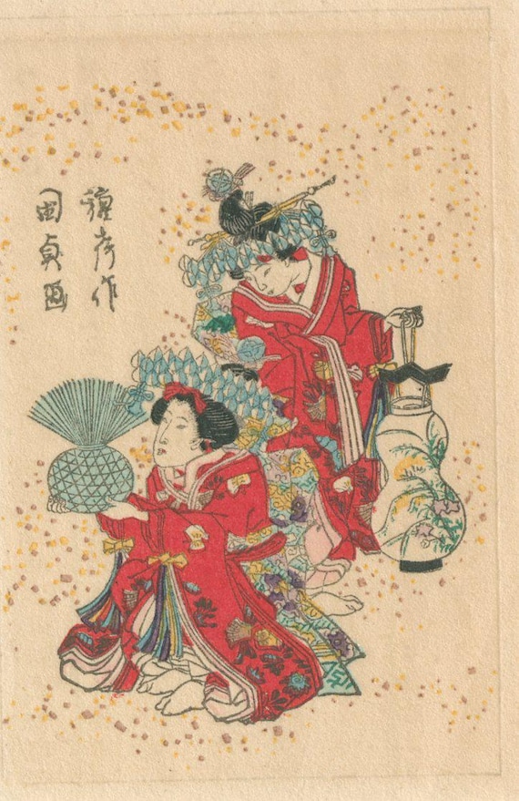 Utagawa Kunisada Genji Reprint, Two Women with Vase, Meiji Taishō Early Shōwa Japanese Woodblock Print, ca. 1900–1935