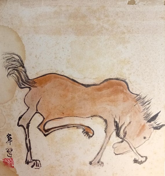 Vintage Japanese shikishi “Horse lowering its head”, early–mid Shōwa