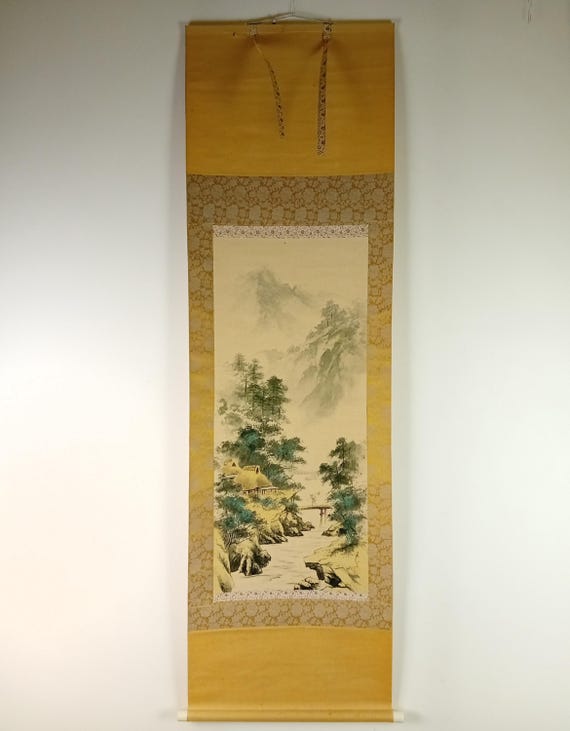 Vintage Japanese ink and color scroll “Mountain Village by the Stream”, kakemono (kakejiku), Shōwa #1816