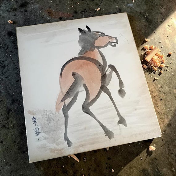 Horse in Motion – Japanese Ink and Color Shikishi, Mid Showa Period