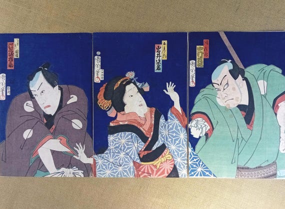 Toyohara Kunichika antique Meiji Japanese woodblock print triptych – kabuki actors, 4 sheets