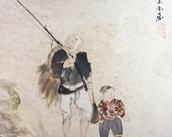 Antikes japanisches Taishō–Shōwa-Tinten- und Farb-Shikishi – Fischer und Kind
