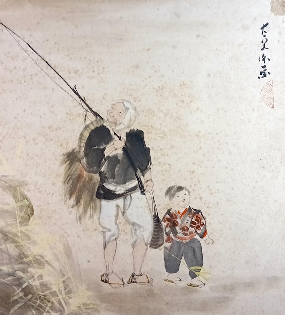 Antique Taishō–Shōwa Japanese ink and color shikishi – fisherman and child