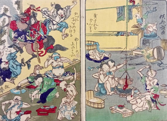 Kawanabe Kyosai Antique woodblock print Kyosai Hyakuzu – two-scene sheet